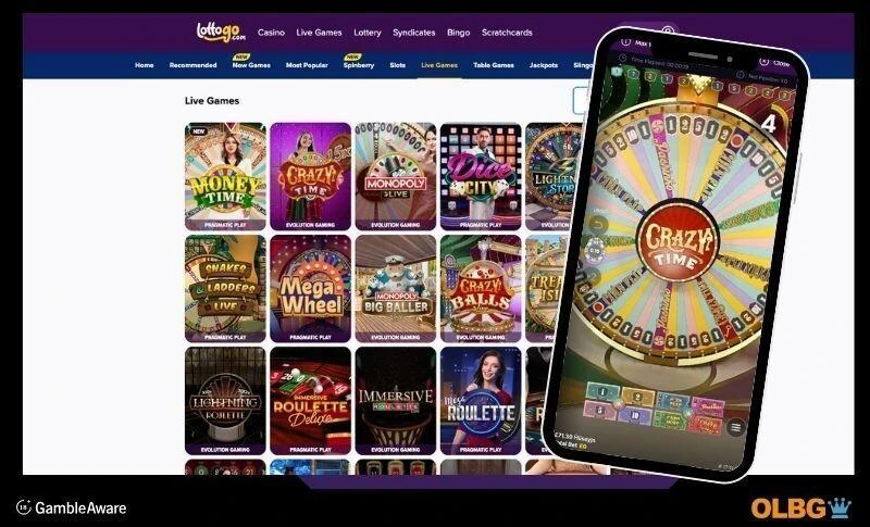 Screenshots of the lottogo Live Casino site, with a desktop example and crazy time showing on a mobile device