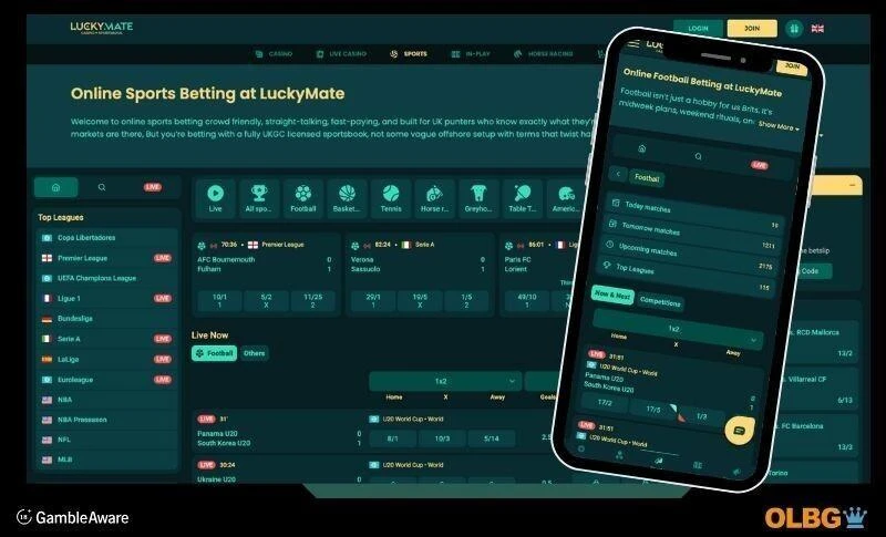 Screenshots of the Luckymate betting site, with views from both desktop and mobile device perspectives