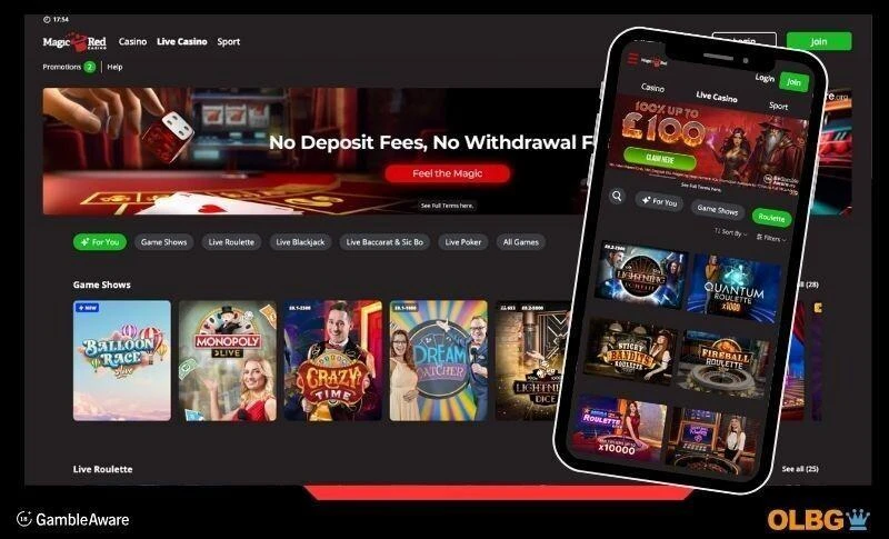 Magicred casino site, screenshots, showing the live casino page on desktop and the roulette section on mobile devices