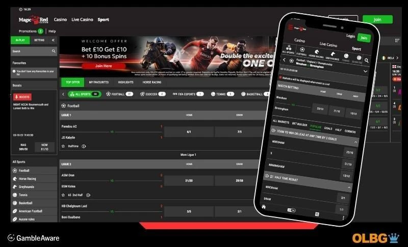 Screenshots of magicred betting site - there is a desktop image of the main screen and the mobile view shows a specific football match betting markets