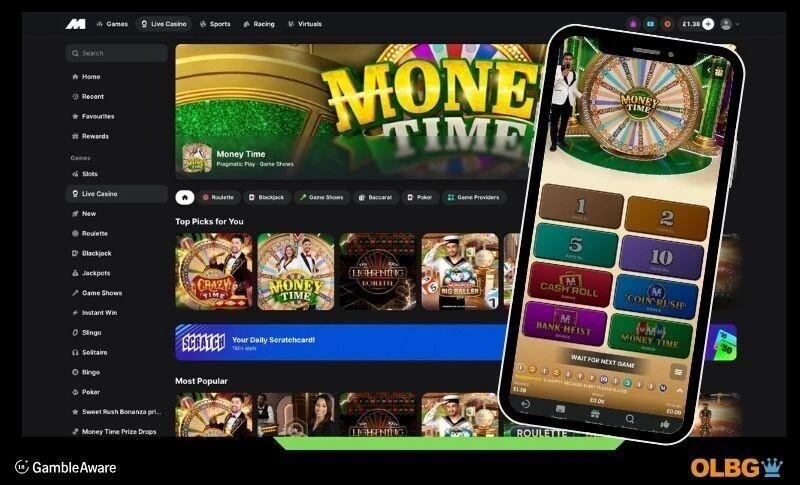 Screenshots of the midnite casino site desktop view of the live casino and live studio game on a mobile device