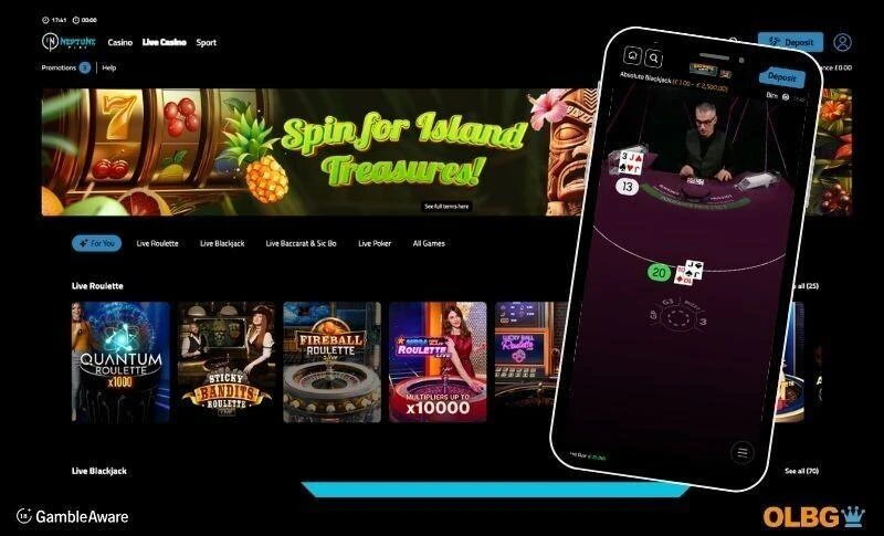 Screenshots of the NepunePlay casino site - the desktop view shows the live casino home, the mobile device a live blackjack table