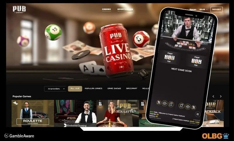 Screenshots of the pub casino site, with desktop view of the live casino home page and a mobile device view of a live blackjack table