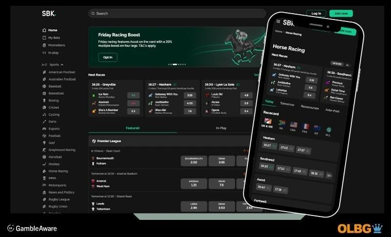 Screenshots of the SBK betting site, including football on desktop and horse racing on the mobile view