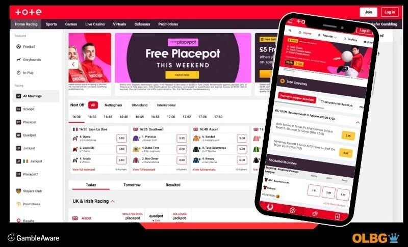 Screenshots of the Tote betting site, including a desktop with horse racing and the sports beting page on mobile