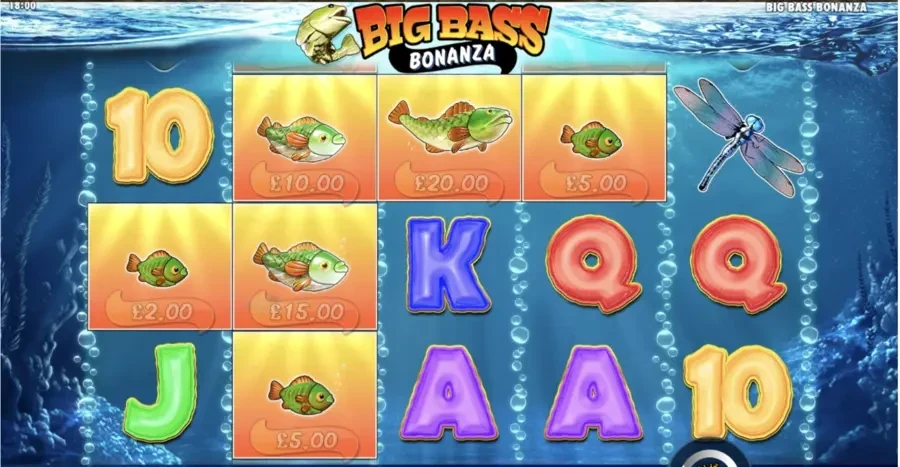 Big bass bonanza Slot game screesnshot showing the playing board