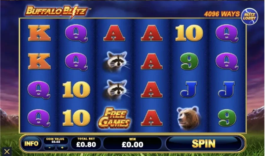 Buffalo Blitz Slot game screenshot showing the playing board