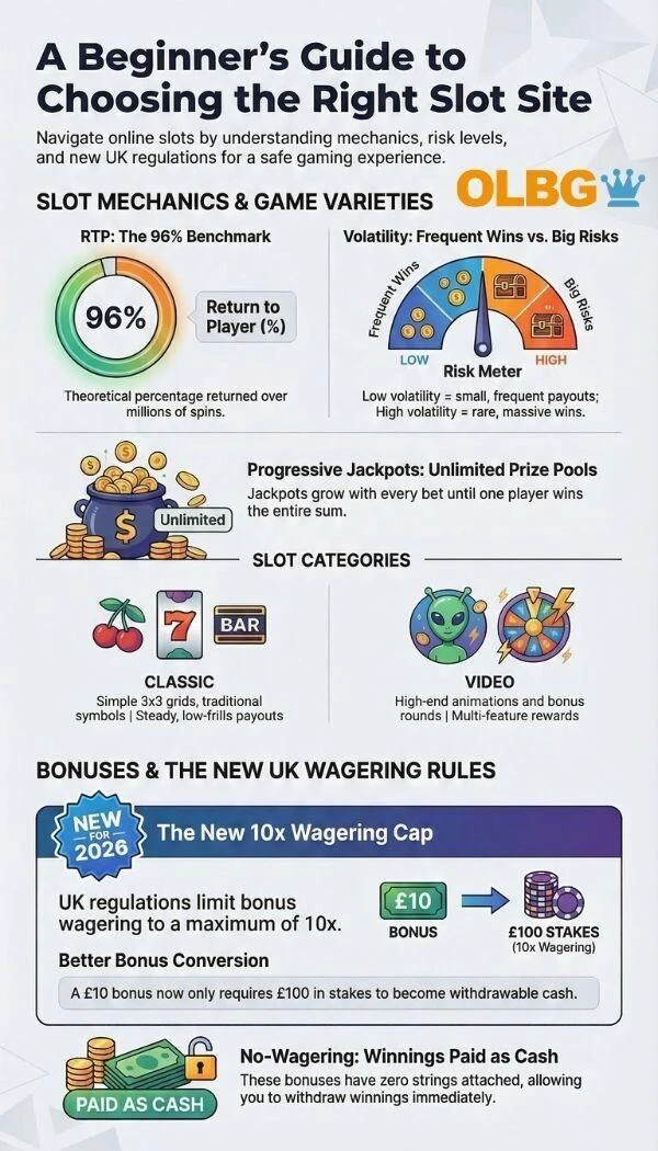 Infographic explaining beginner UK slot site concepts, including how RTP and slot volatility work, an explanation of the new 10x wagering requirement cap, and a breakdown of video, classic, and progressive jackpot slots.