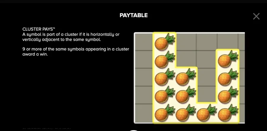 image explaining how cluster pays slot mechanics works with 13 pineapples all adjacent on the board