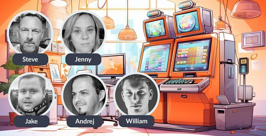 Image displaying a background with illustrated fruit machines in an ornage theme - in the foreground, circular image avatars of various members of the team that created the content