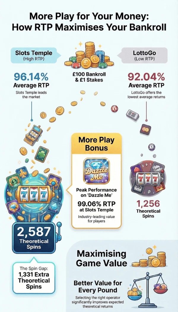 An infographic showing examples from deep research on which games have the best RTP and how they can compare from one online casino to another