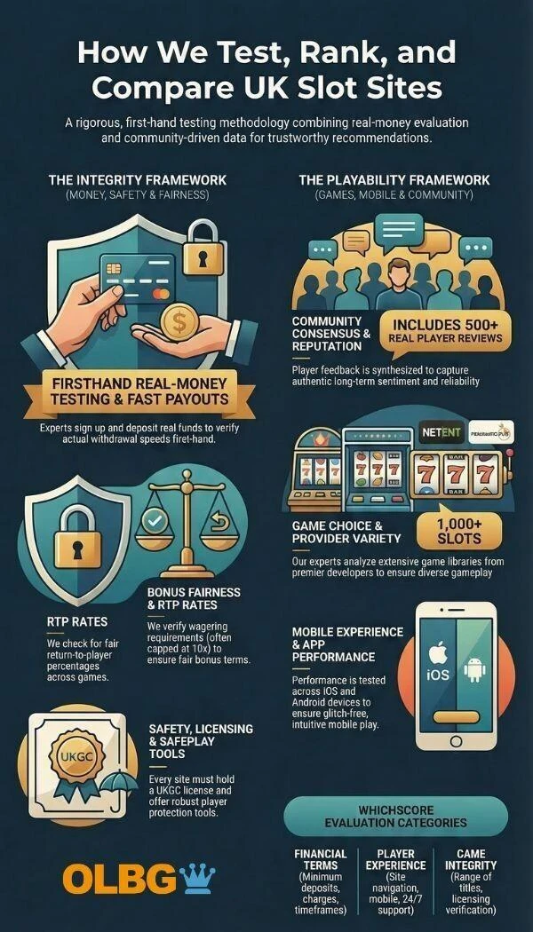 Infographic illustrating OLBG's 7-step methodology for ranking the best UK slot sites, featuring real-money testing for fast withdrawals, game choice analysis, mobile app performance, RTP fairness, bonus evaluation, UKGC safety checks, and community consensus from over 500 real player reviews