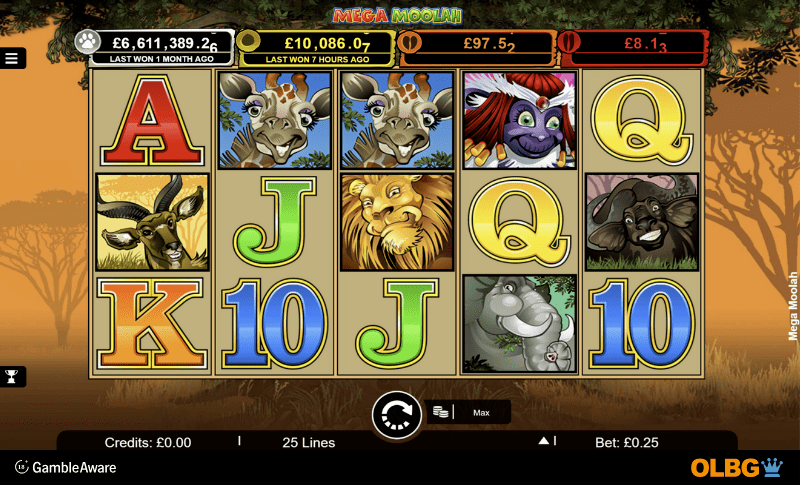 Mega Moolah slot base game screenshot