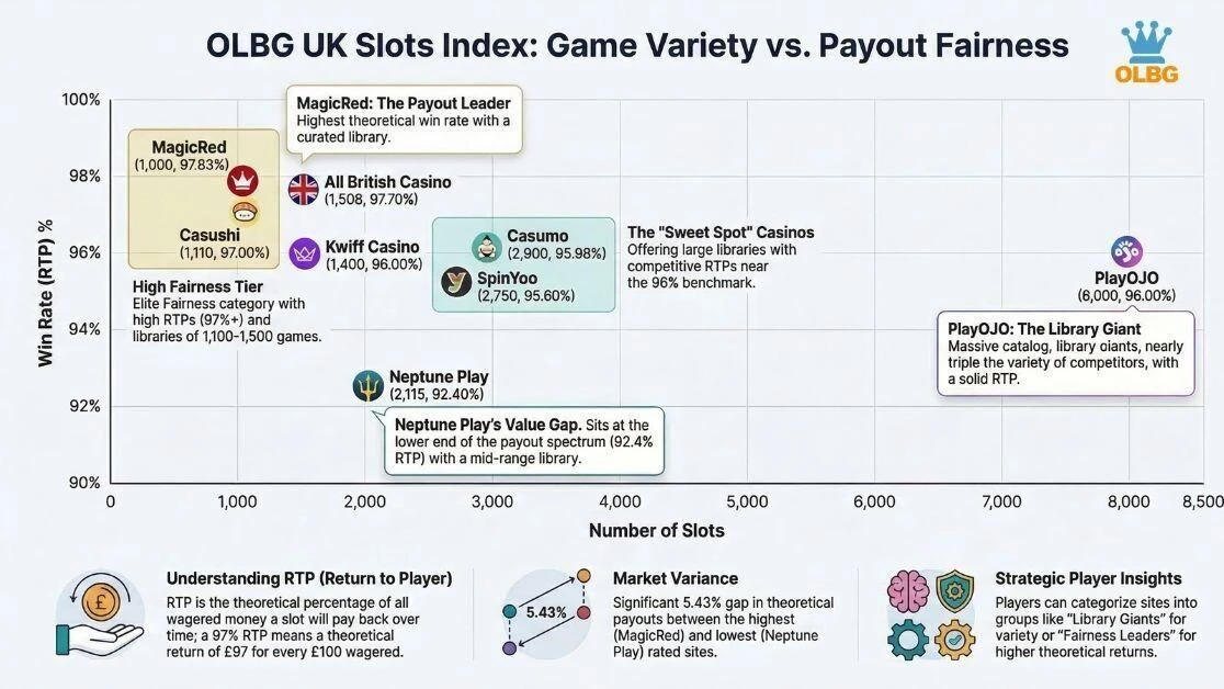 A scatter plot graph created by OLBG mapping the Win Rate (RTP) percentages against the total Number of Slots for top UK online casinos, highlighting the balance between game variety and payout fairness.