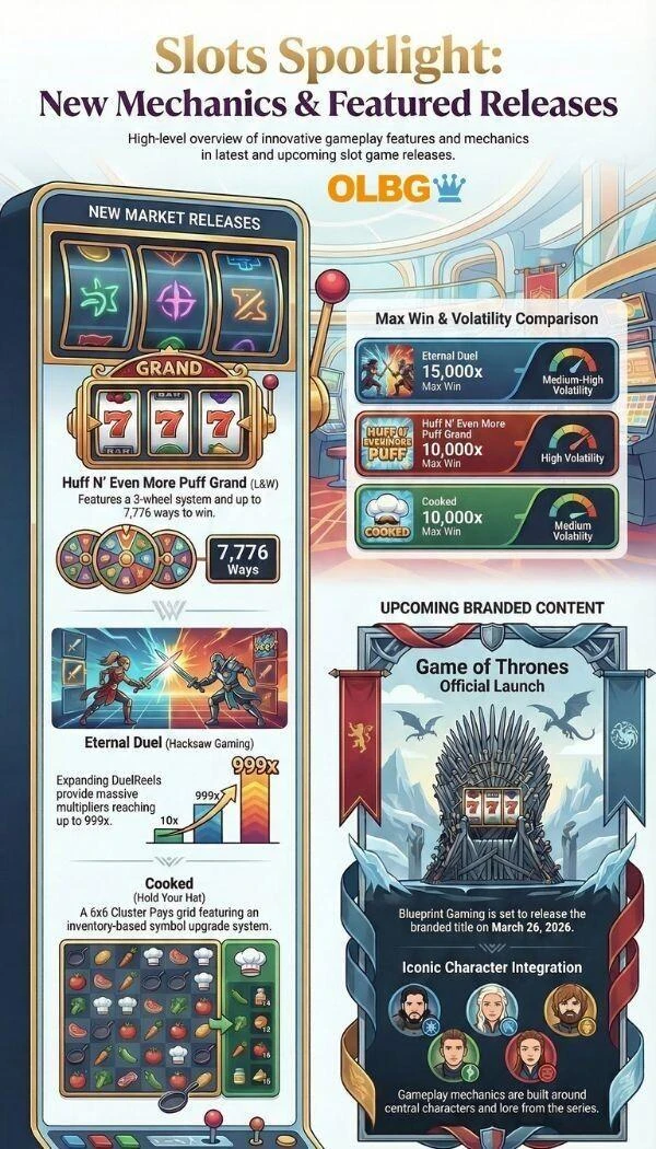 A portrait-oriented infographic detailing the mechanics and features of this week's new slot game releases. The graphic is divided into three sections: Top section highlights Light & Wonder's 'Huff N’ Even More Puff Grand,' featuring its 3 Wheel feature, Super and Ultra free spins modes with up to 7,776 ways to win, and a 10,000x max win potential . The middle section showcases Hacksaw Gaming's 'Eternal Duel,' emphasizing its Zeus versus Hades theme, expanding VS symbols that trigger DuelReels, Reel Multipliers up to 999x, and a massive 15,000x max win . The bottom section promotes an exclusive Q&A on Blueprint Gaming's upcoming 'Game of Thrones' slot, focusing on its iconic characters and innovative bonus mechanics