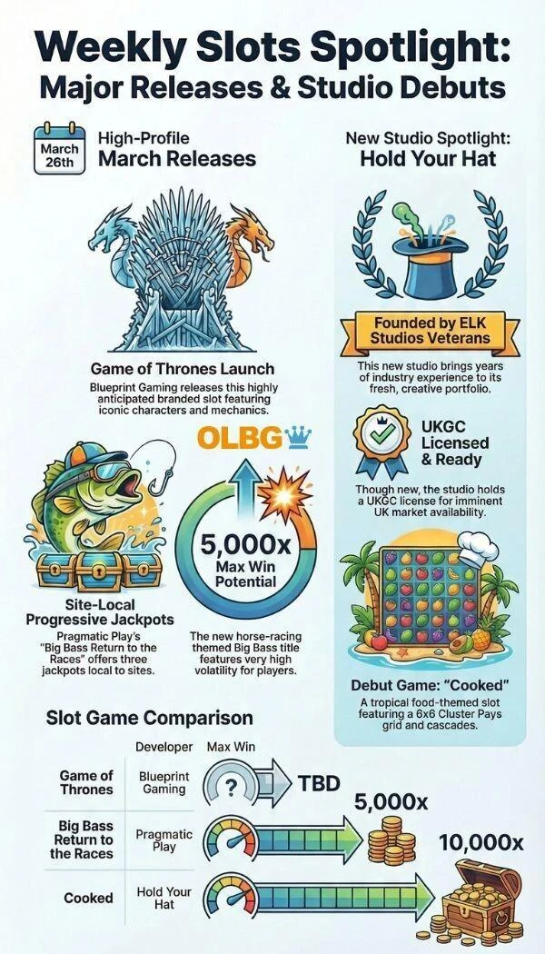 A portrait-oriented infographic highlighting weekly platform updates for UK slot sites. The graphic features three main sections: First, it details Pragmatic Play's 'Big Bass Return to the Races – Jackpot Bonanza,' noting it is exclusive to the UK and Ireland and features three progressive jackpots that are local to specific slot sites or groups . Second, it spotlights 'Hold Your Hat,' a new studio founded by the ELK Studios team, mentioning they hold a UKGC licence and will soon be bringing games like 'Cooked' to UK platforms . Finally, it includes an announcement for slot sites to prepare for March 26th, 2026, the official release date for Blueprint Gaming's 'Game of Thrones' slot