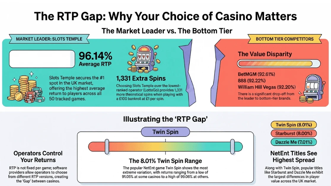 An infographic using a lot of data from research into which casinos offer the best RTP levels on slot games, which shows Slots Temple comes out on top with their RTP guarantee